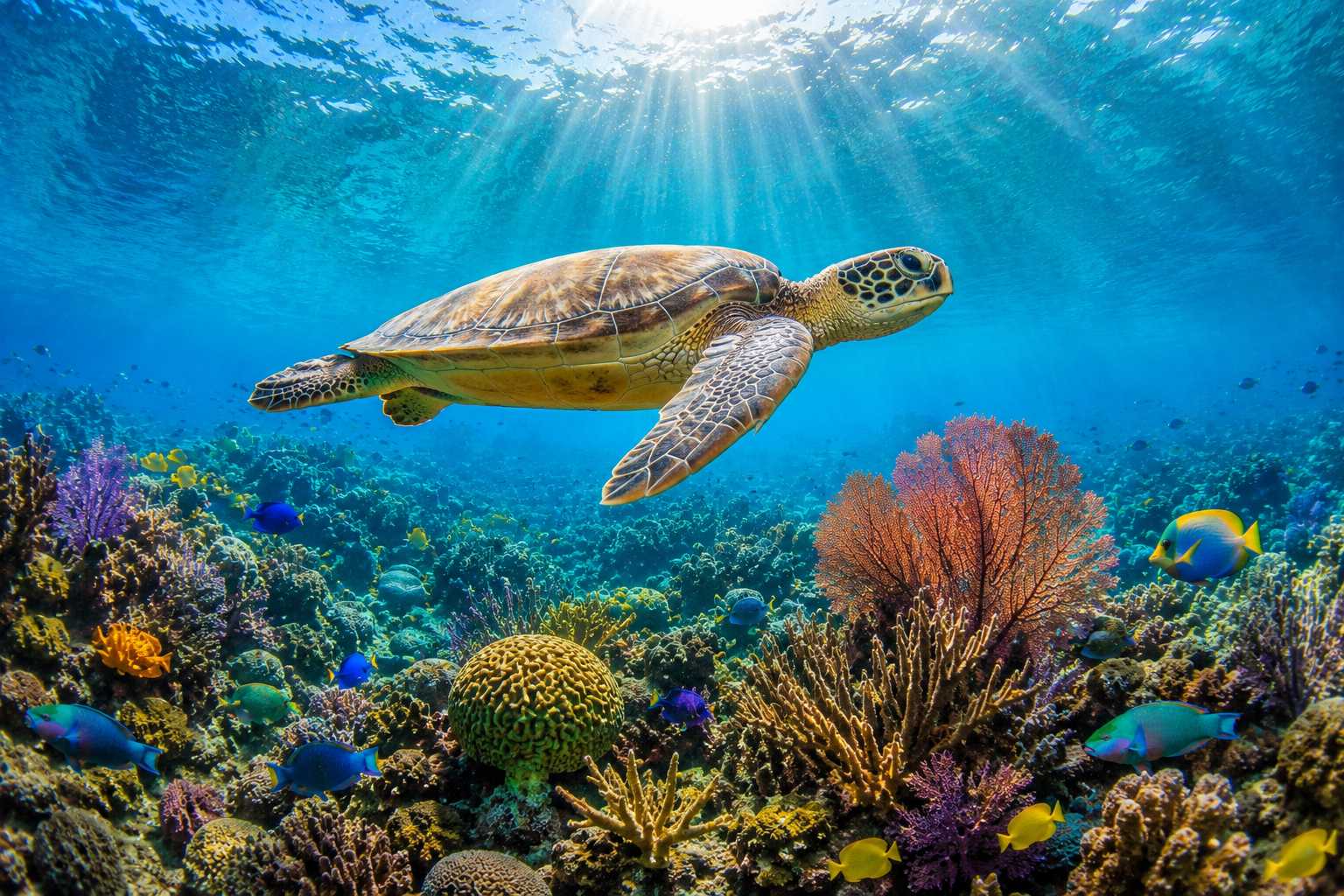 Cinematic underwater view of a sea turtle gliding through the Belize Barrier Reef